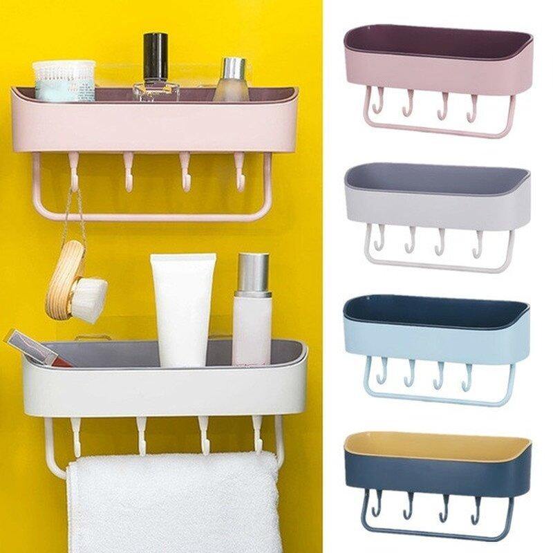 No Drilling Shower Caddy with Self-adhesive Glue & Hooks Storage Basket Bathroom Shelf Rack Wall Mounted Rack for Kitchen Bathroom - Trendha