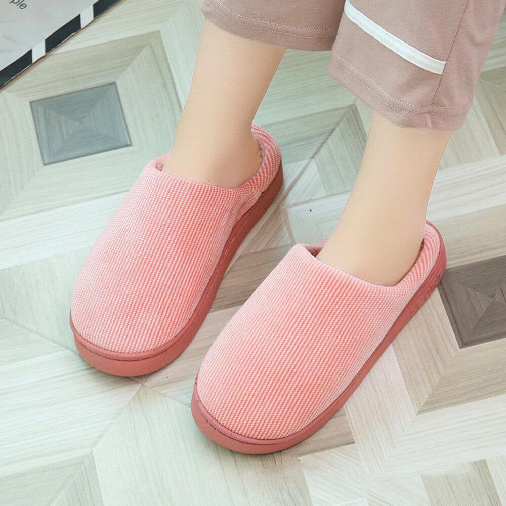 Women Comfy Stripes Closed Toe Winter Warm Lining Slip Resistant Indoor Slippers - Trendha