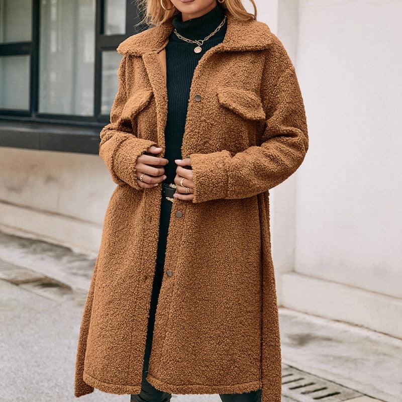 Mid-length Lapel Belted Single-breasted Plush Trench Coat - Trendha