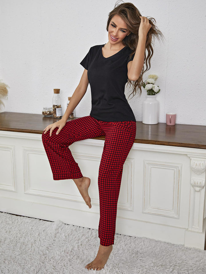 V-Neck Top and Gingham Pants Lounge Set - Trendha