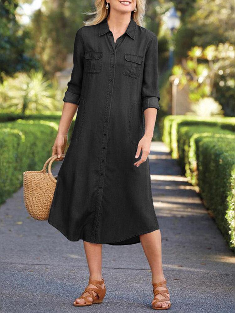 Women Casual Lapel Button Long Sleeve Streetwear Irregular Hem Pocket Shirt Dress - Trendha