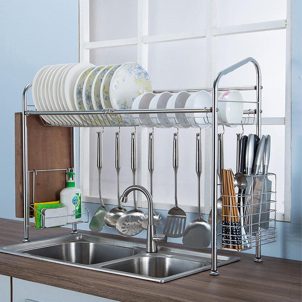 1/2 Layer Tier Stainless Steel Dish Drainer Cutlery Holder Rack Drip Tray Kitchen Tool For Single Sink - Trendha