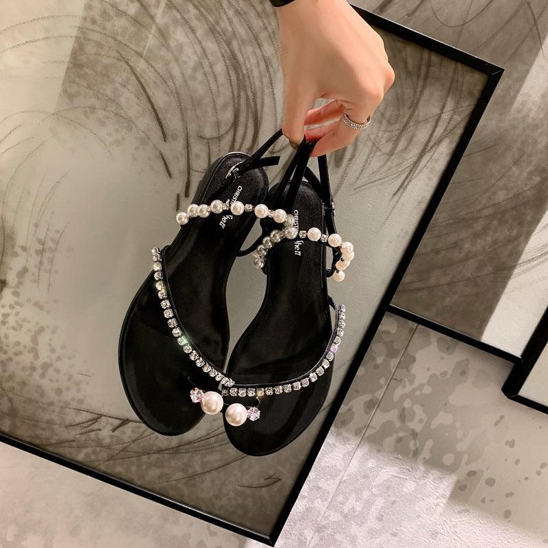 Women's Rhinestone Pearl Thong Flat Sandals - Trendha