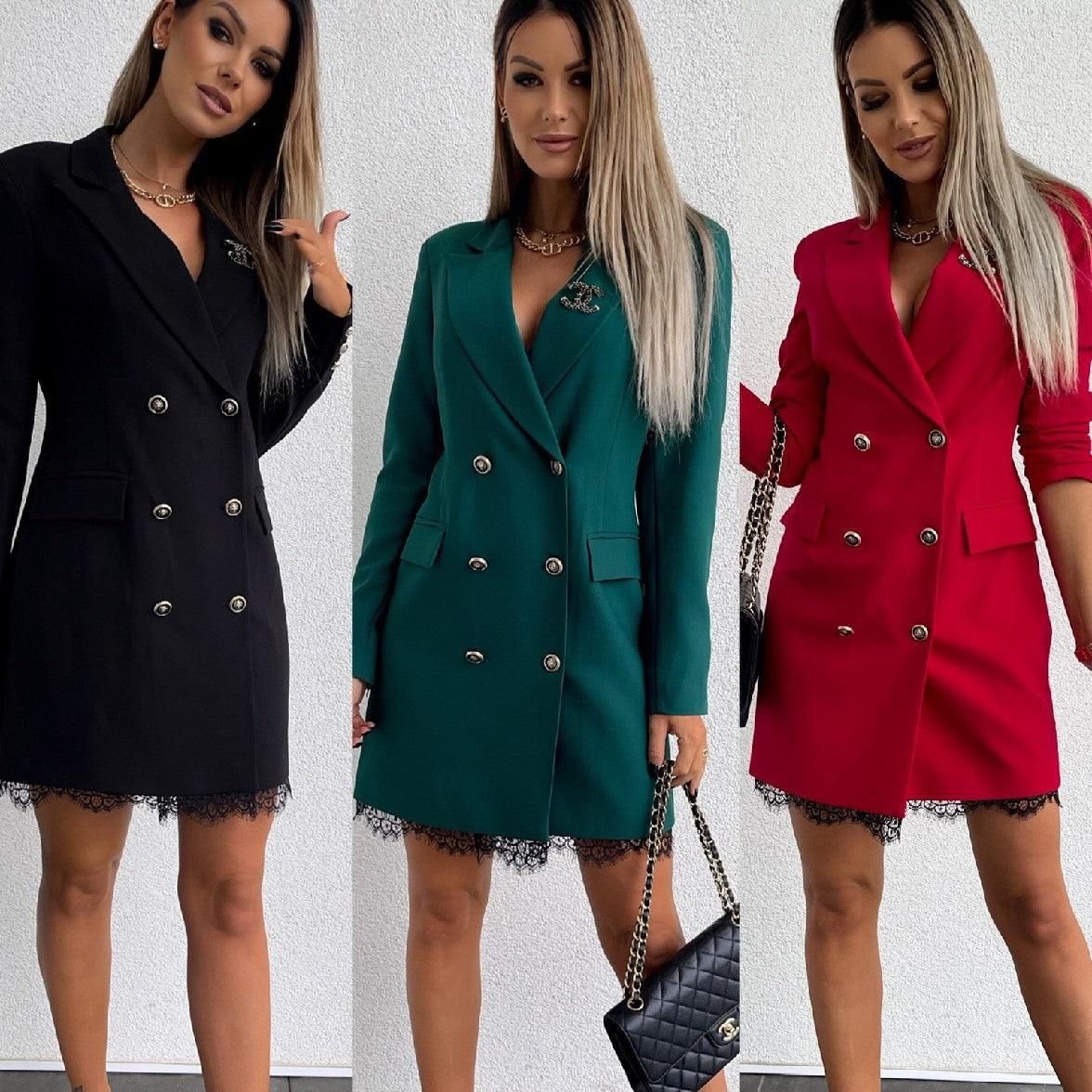 Double-Breasted Lace Suit Dress Mid-Length Dress - Trendha