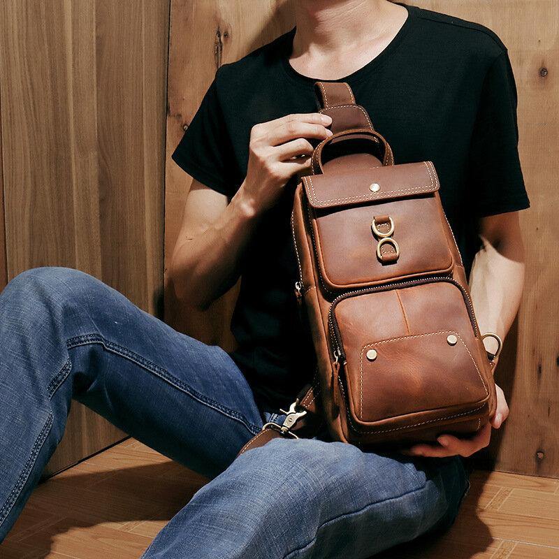 Men Genuine Leather Cowhide Retro Fashion Chest Bag Crossbody Bag Sling Bag - Trendha