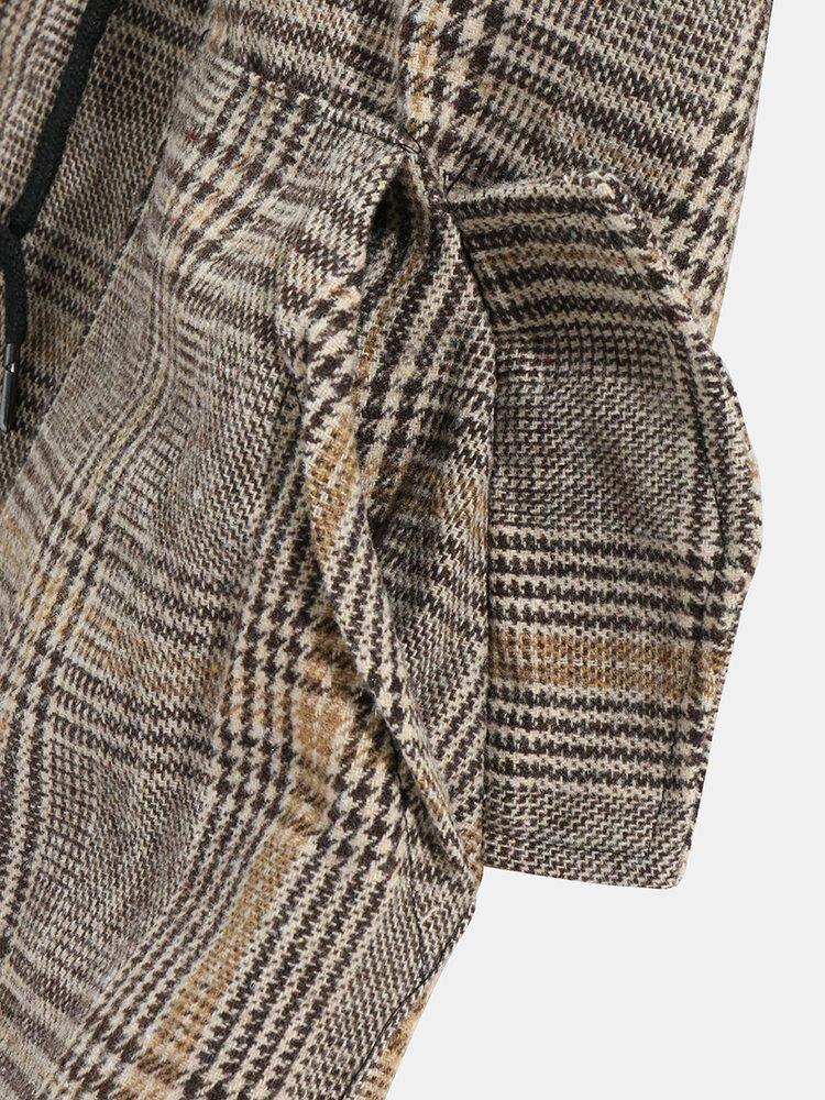 Mens Vintage Plaid Drawstring Waist Pocket Warm Hooded Coats - Trendha