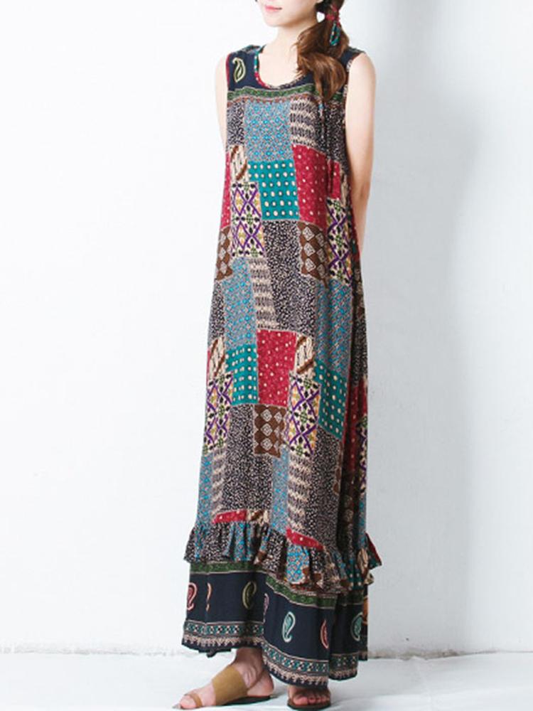 Bohemian Women Sleeveless O-Neck Printed Maxi Tank Dress - Trendha