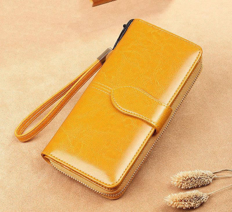 Waxed Cowhide Long Lady Wallet Leather Zipper Wallet Large Capacity - Trendha