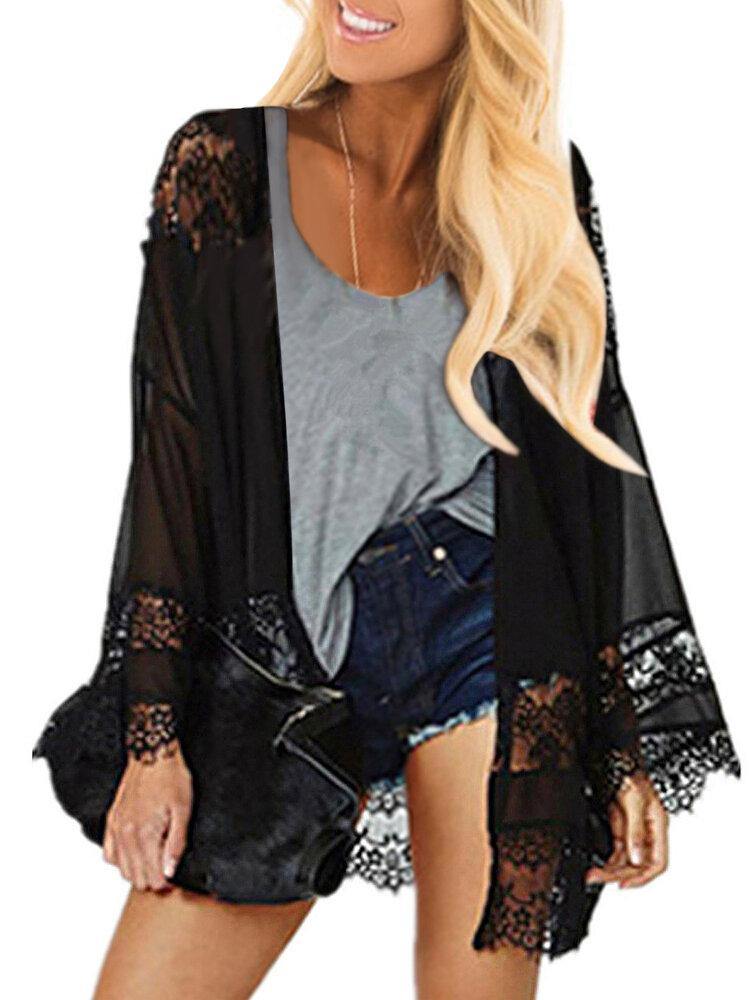 100%Polyester Fashion Lace Splice Loose Floral Cardigan Coat For Women - Trendha