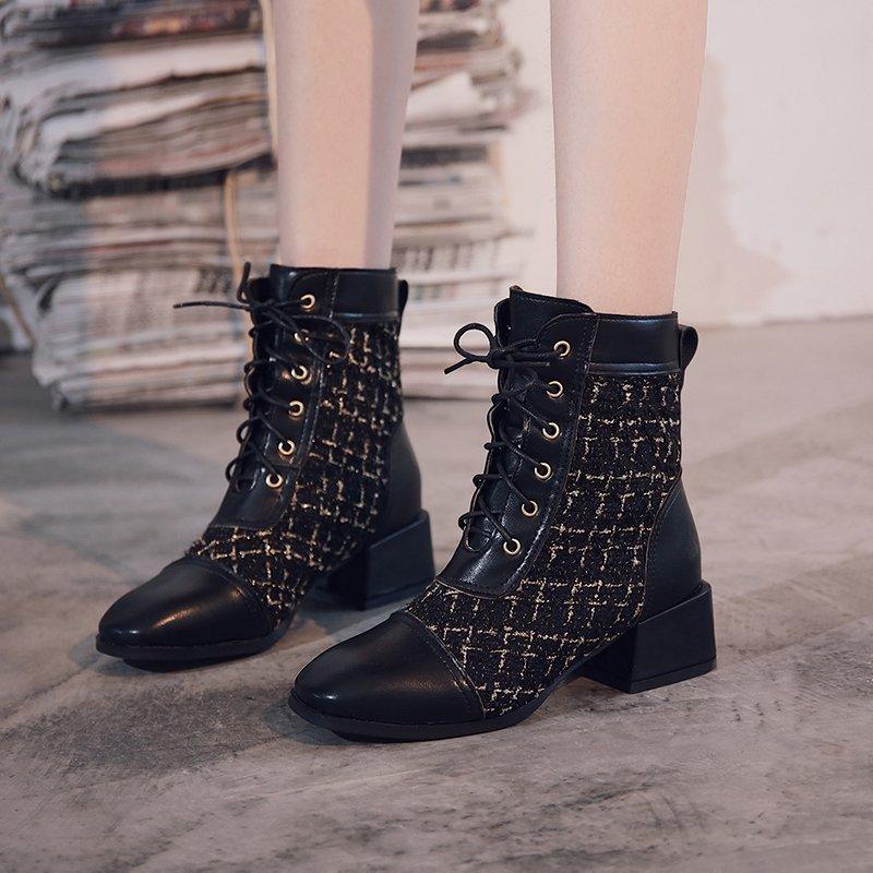 Lace-Up Block-Heel Ankle Boots with Check Panels
