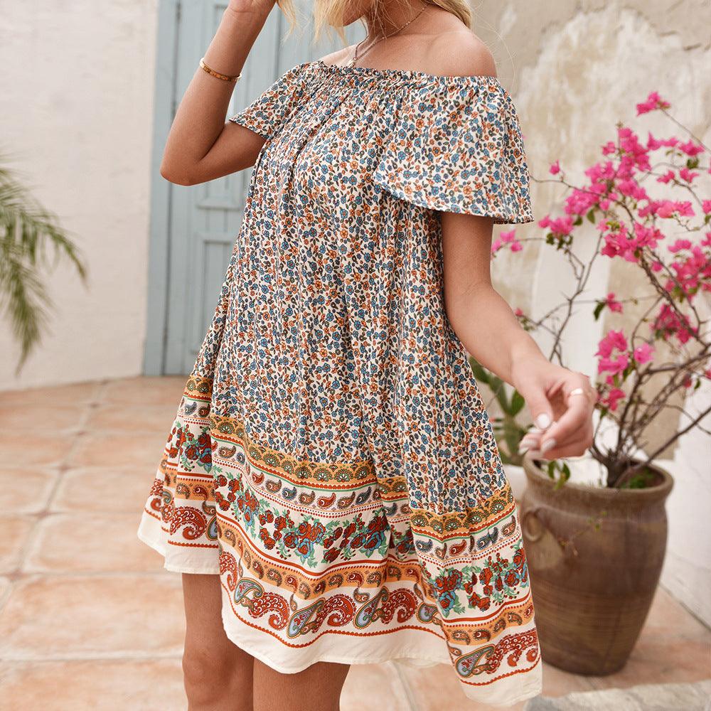 Himia Holiday Style One-line Collar Short-sleeved Floral Dress For Women - Trendha
