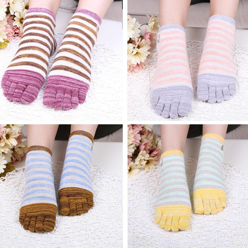 Ladies Five Toes Socks Cotton Striped 4-Pair Set Ankle Socks - Trendha