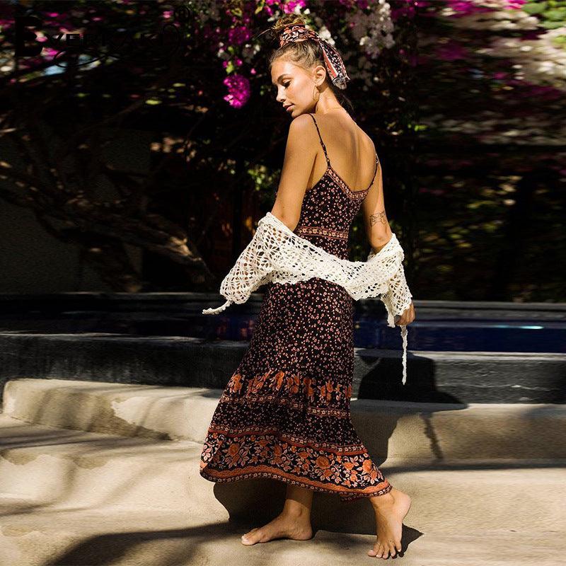 Long dress with printed suspenders - Trendha