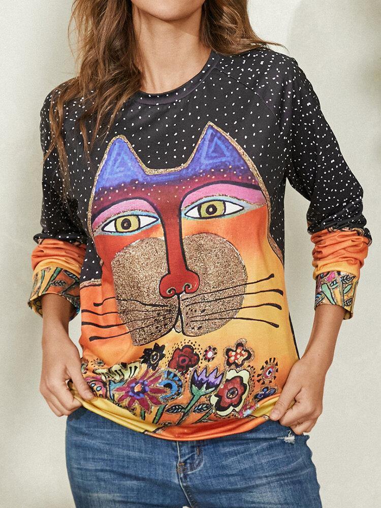 Women Cartoon Cat Spot Print Round Neck Casual Raglan Sleeve Blouses - Trendha