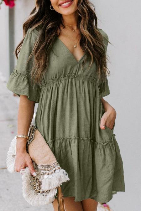 Women's pastoral leisure ruffled stitching dress - Trendha