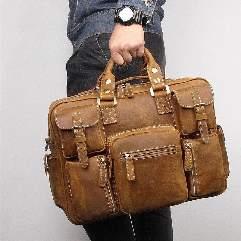 Men Genuine Leather Detachable Strap Large Multi-Pocket 15.6 Inch Laptop Bag Briefcase Messenger Bag Crossbody Bags - Trendha