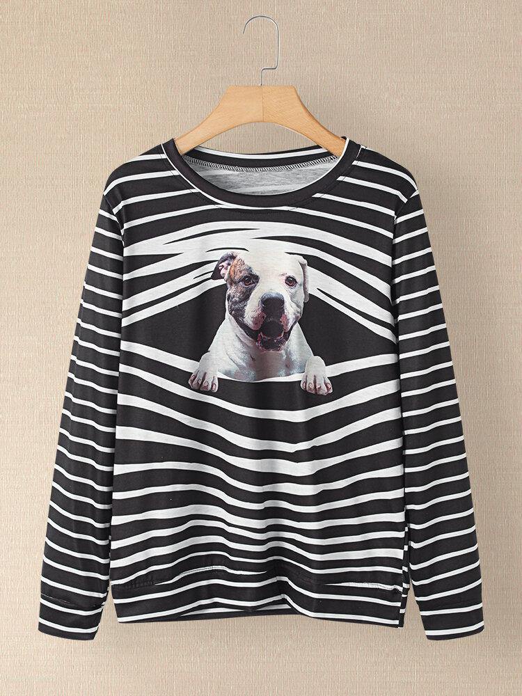 Women 3D Dog & Stripe Print O-Neck Pullover Casual Sweatshirts - Trendha