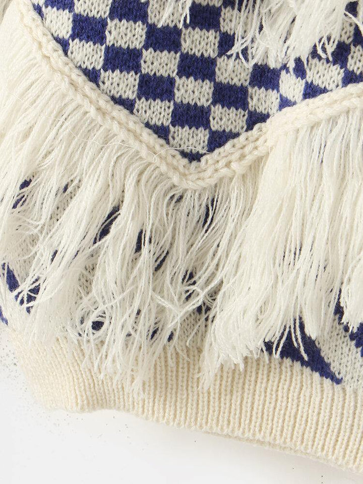 Women Grid Pattern Knitted Stitching One Shoulder Tassel Sweater - Trendha