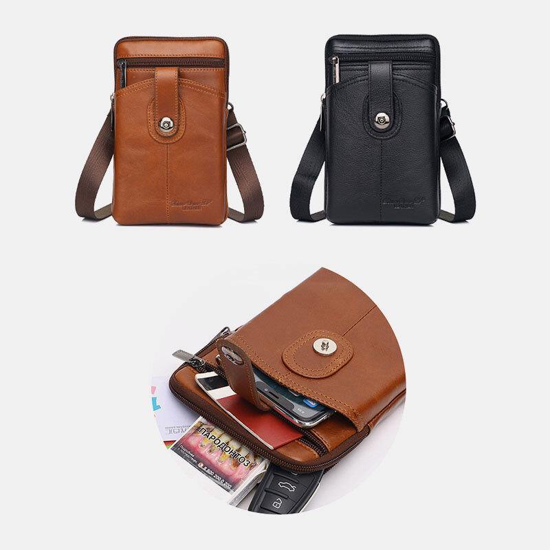 Men Genuine Leather Vintage Multifunctional 6.5 Inch Zipper Hasp Phone Bag Crossbody Bag Waist Bag - Trendha