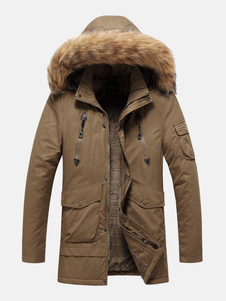 Mens Multi Pocket Detachable Faux Fur Hooded Collar Thicken Warm Coats - Trendha