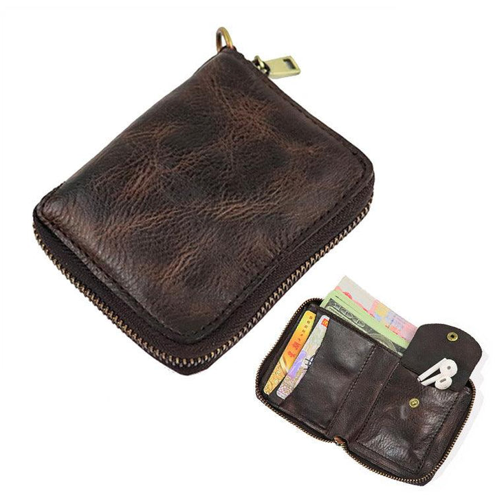 Zipper folding compact vegetable tanned leather wallet - Trendha