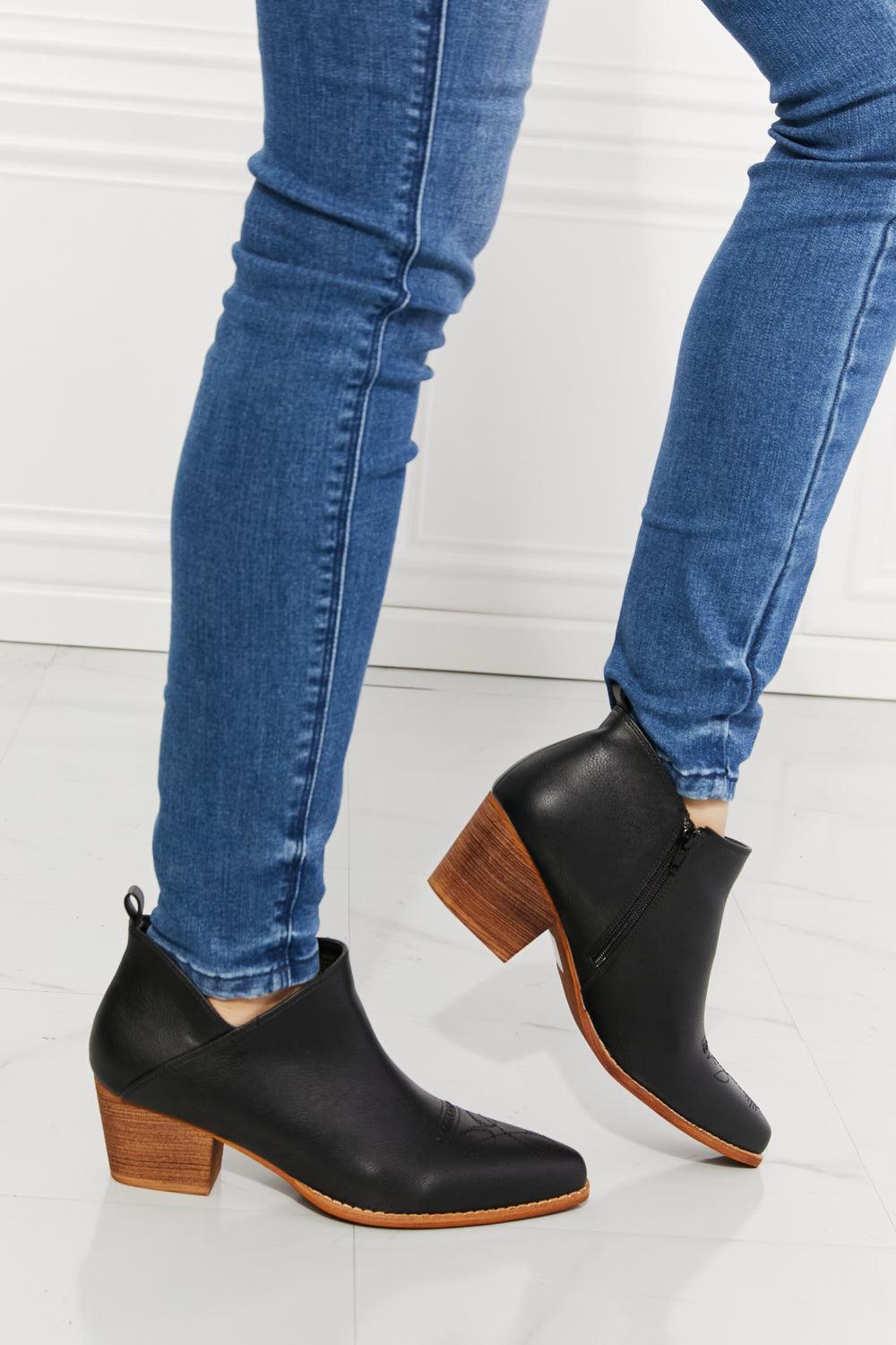 MMShoes Trust Yourself Embroidered Crossover Cowboy Bootie in Black - Trendha