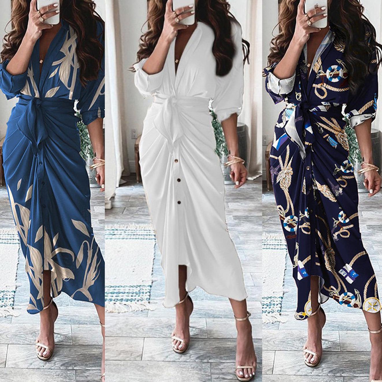 European And American Print Long-Sleeved Lace-Up Single-Breasted Shirt Dress - Trendha