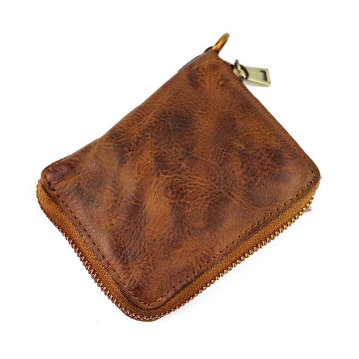 Zipper folding compact vegetable tanned leather wallet - Trendha