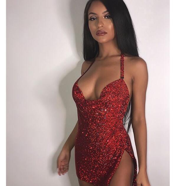 Metal Mini Red Diamond Dress - Trendha
