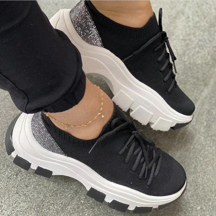 Wedge-heel Flying Knit Color-block Lace-up Sneakers