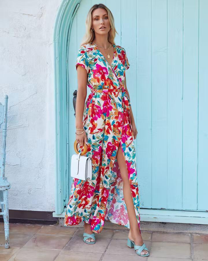 New Lace-Up V-Neck Printed Short Sleeve Dress Women's - Trendha