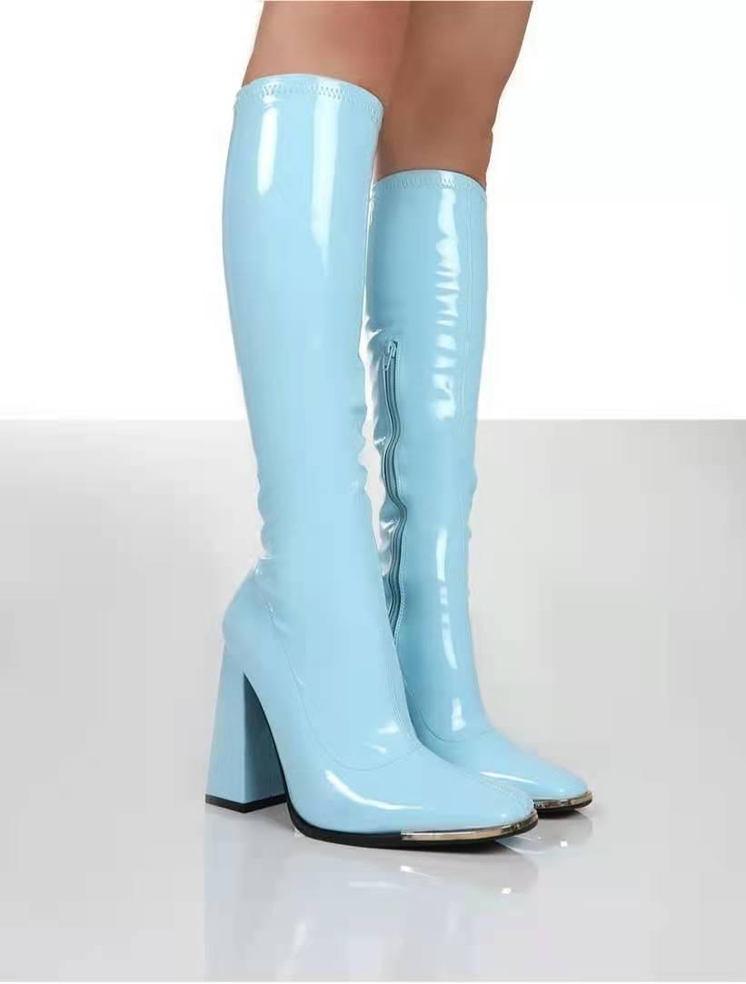 Square Toe Chunky Heel Bright Leather Plus Size Side Zip Mid Boots - Trendha