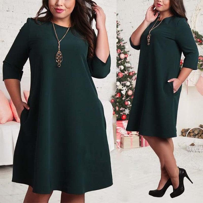 Solid Color Round Neck Sleeves Plus Size Dress - Trendha