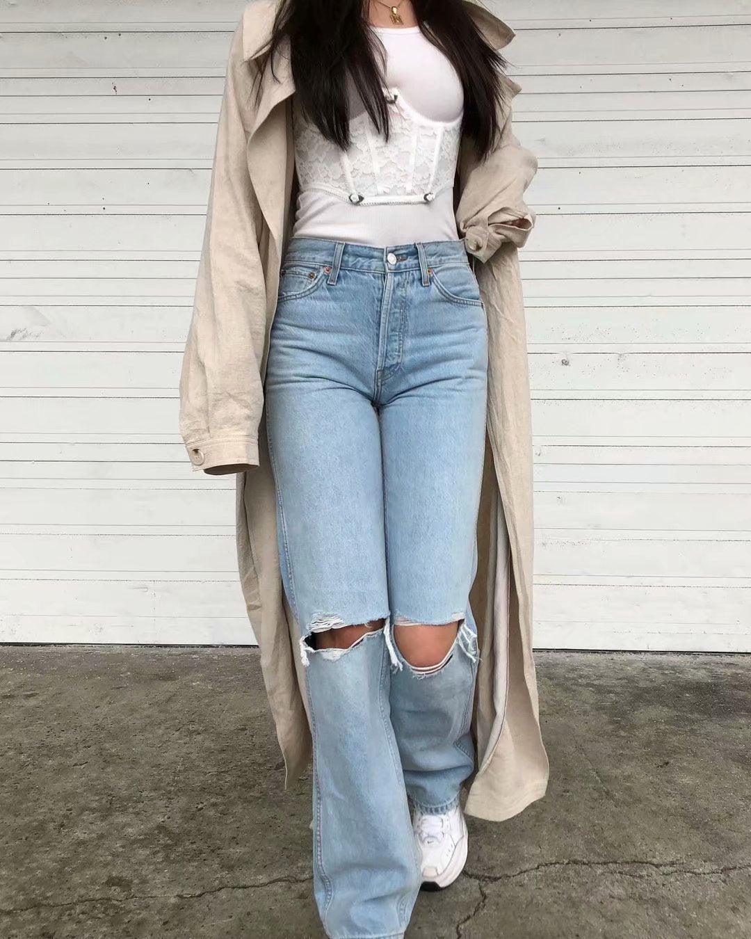 European And American Double-knee Holes Rolled Edge Mopping Jeans - Trendha