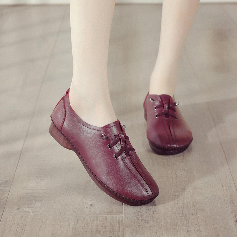 Women Comfy Stitching Genuine Leather Soft Lace Up Flats Loafters - Trendha