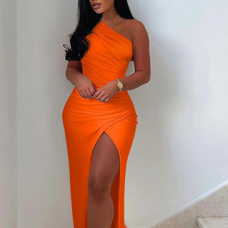 Women's Off-shoulder Pleated Slit Solid Color Dress - Trendha