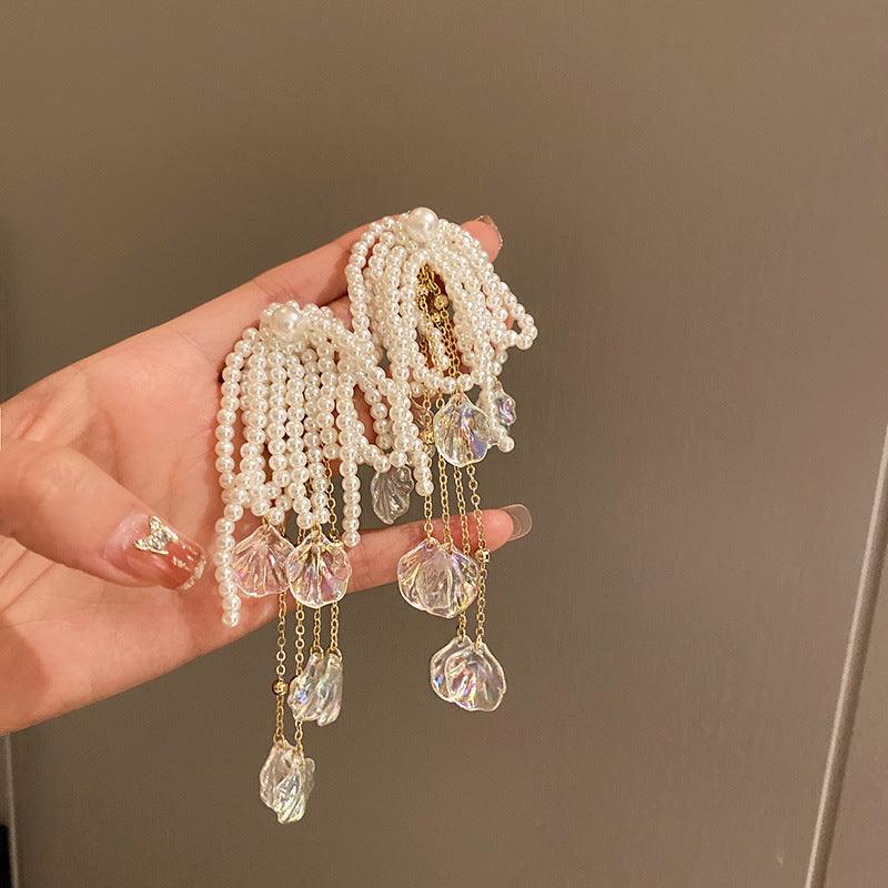 Female Exaggerated Long Pearl Earrings Shell Bow Tassel Earrings - Trendha