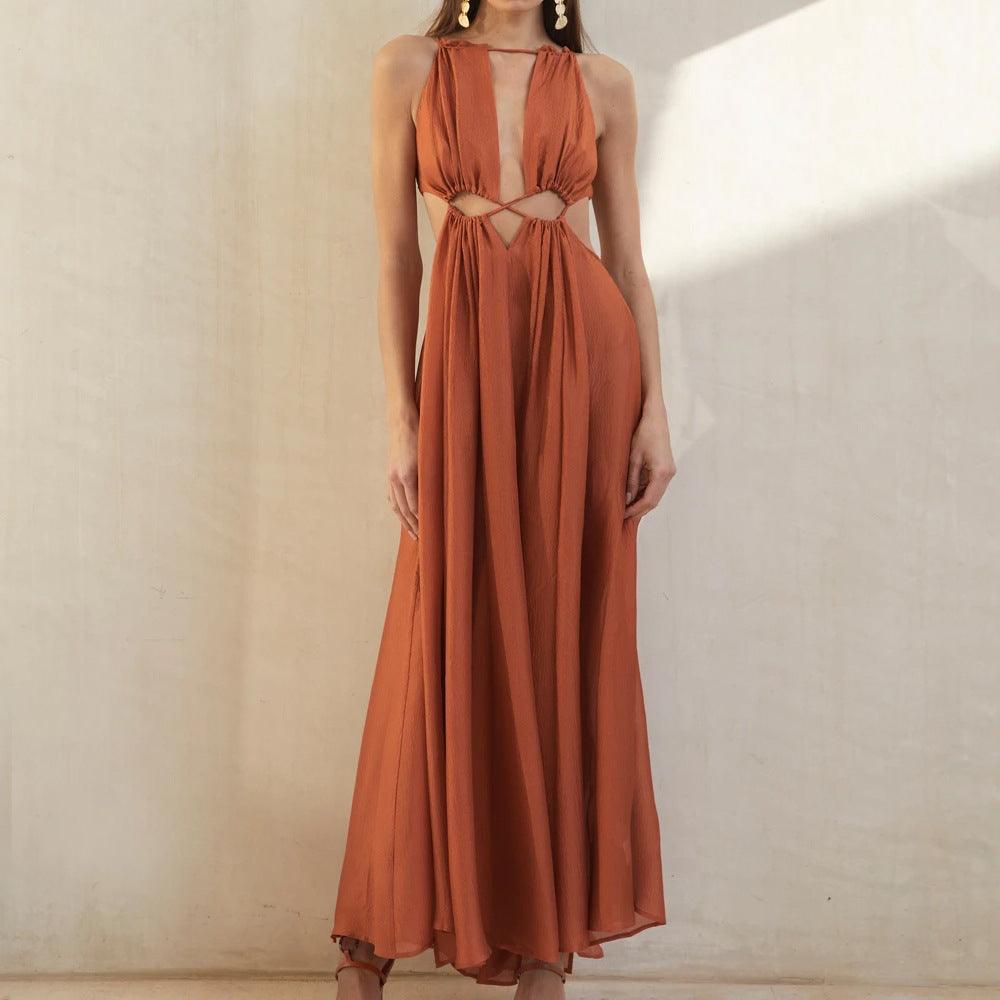 Hollow Sexy Dress With Halter Neck Lace And Large Swing Skirt - Trendha