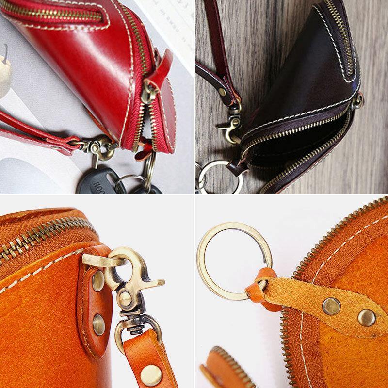 Men Genuine Leather Solid Color Oval Zipper Retro Key Case Card Case Clutch Bags - Trendha