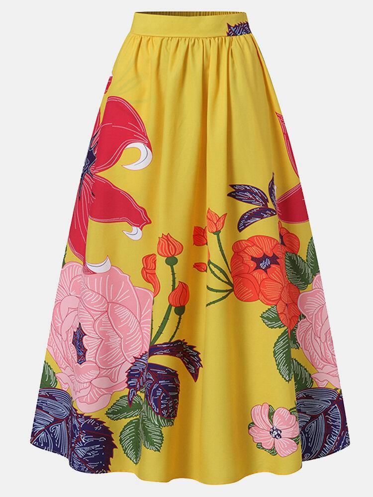 Women Floral Print Casual Elastic High Waisted Holiday Maxi Skirts With Pocket - Trendha