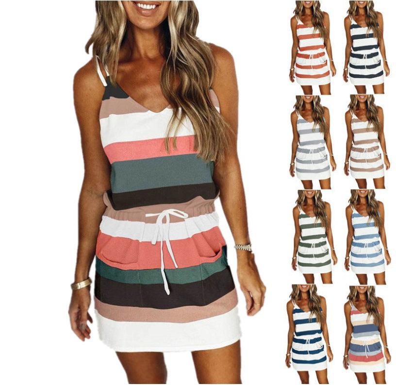 Fashion Stripe Drawstring Dress Summer Dress Loose Sleeveless Dress Women's Comfortable Casual Outfits Wear - Trendha