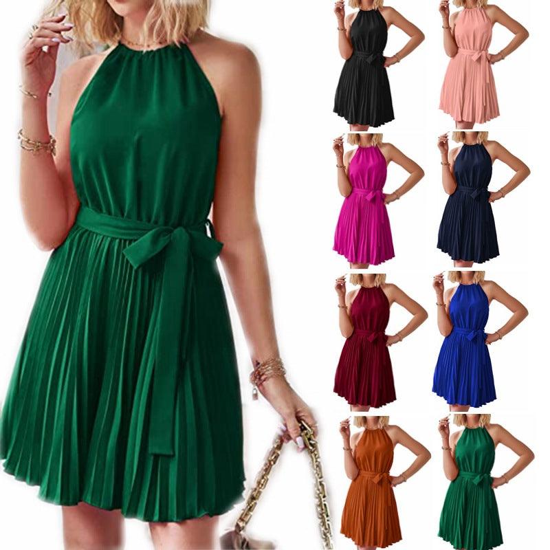 Halter Strapless Dresses For Women Solid Pleated Skirt Summer Beach Sundress - Trendha