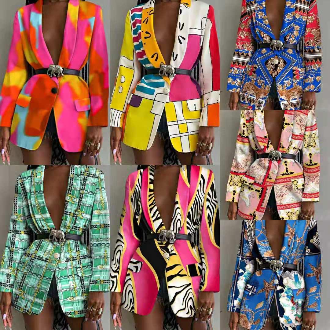 Fashion-Forward Printed Shawl Collar Single-Breasted Belted Blazer for Women