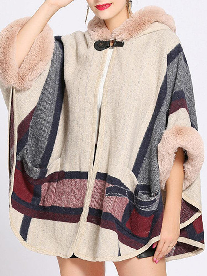 Women Vintage Print Warm Faux Fur Hooded Coats With Pocket - Trendha