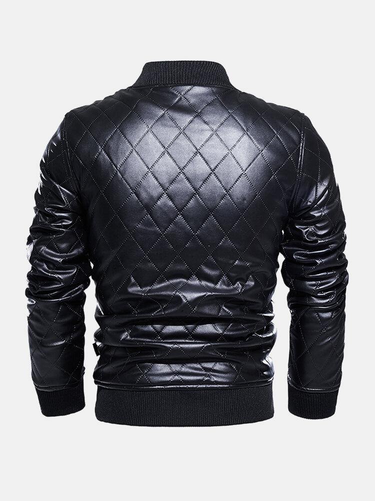 Mens Solid Color Full Zip Velvet Lined PU Leather Jackets - Trendha