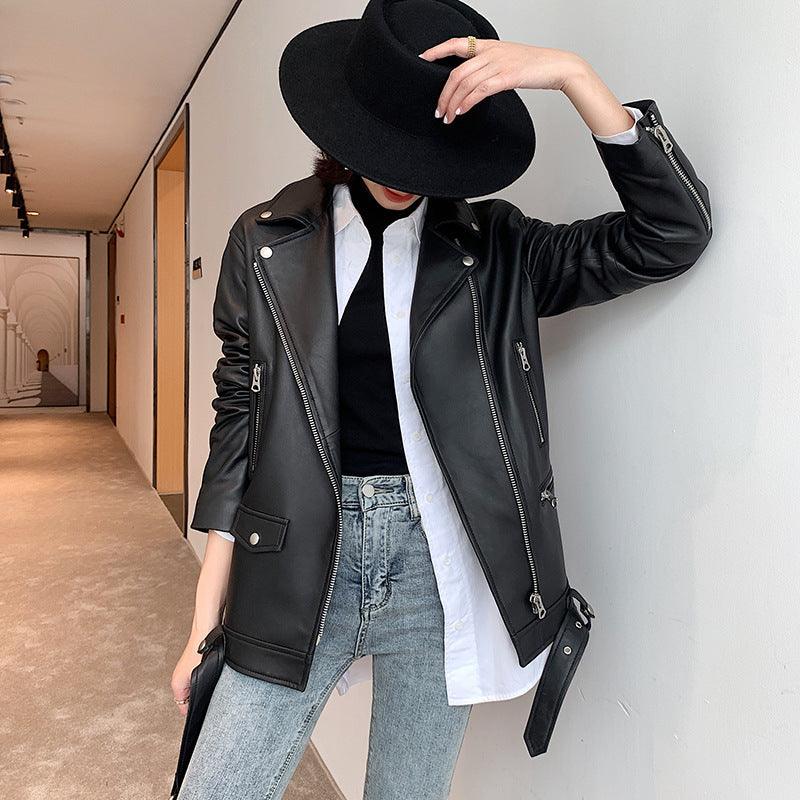 Women's Mid-length Sheepskin Loose Leather Leather Coat - Trendha