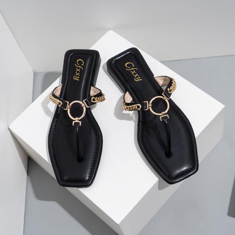Fashion Chain Round Buckle Flip Flops Womens Low Heels Sandals - Trendha