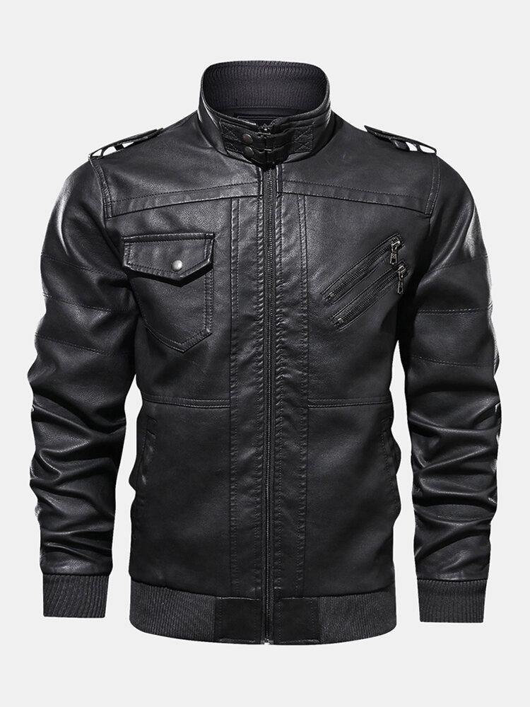 Mens Solid Color PU Leather Zip Front Biker Jackets With Multi Pockets - Trendha