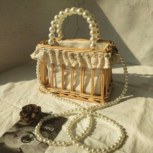Handbag Chain Homemade Bag Pearl Woven Rattan Square Bag Straw Woven - Trendha