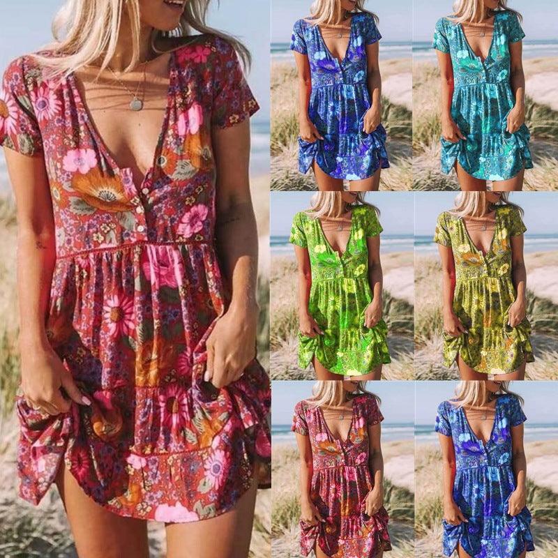 New Women's Printed V-Neck Short-Sleeved Dress - Trendha